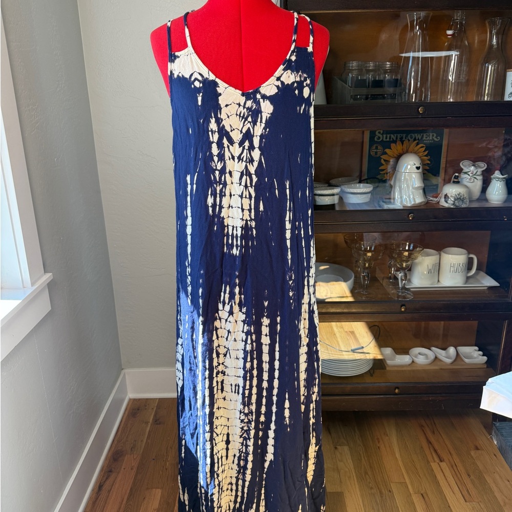 Boho Me Blue Tie Dye  Back Bohemian Summer Beach Maxi Dress Size S